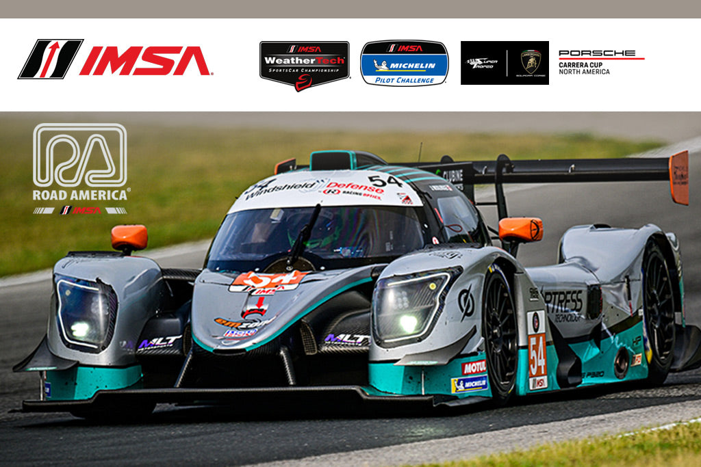 IMSA Road America 2026 Racing Radios team support header image with IMSA series logos and a prototype race car on track.